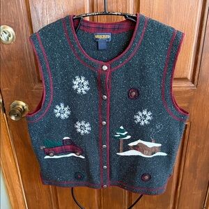 Woolrich Holiday‎ Holly Green Lambswool/Silk Bringing home the Tree Sz L Vest